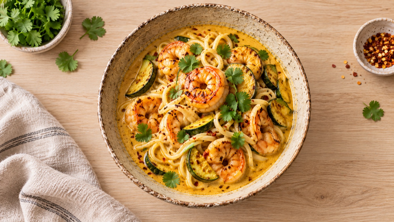 Bol de nouilles au curry coco, crevettes et courgettes
